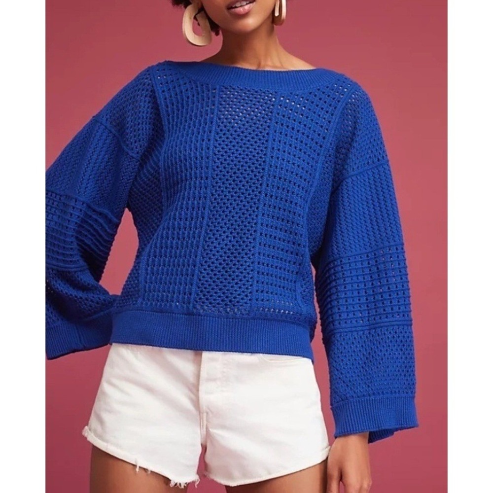 Anthropologie x Moth Reese Kimono Open Weave Sweater in Blue Size Medium